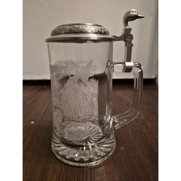 Domex Other - Vintage Lidded Beer Stein Etched Ducks Glass Pewter Lid Old Germany Domex
